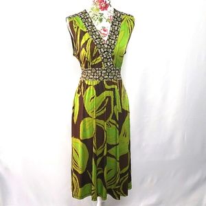 Green & Brown Sleeveless Floral Dress.  Size 10